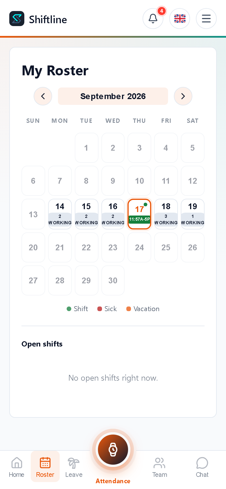 The Shiftline roster on a phone, showing a month calendar with shift days marked