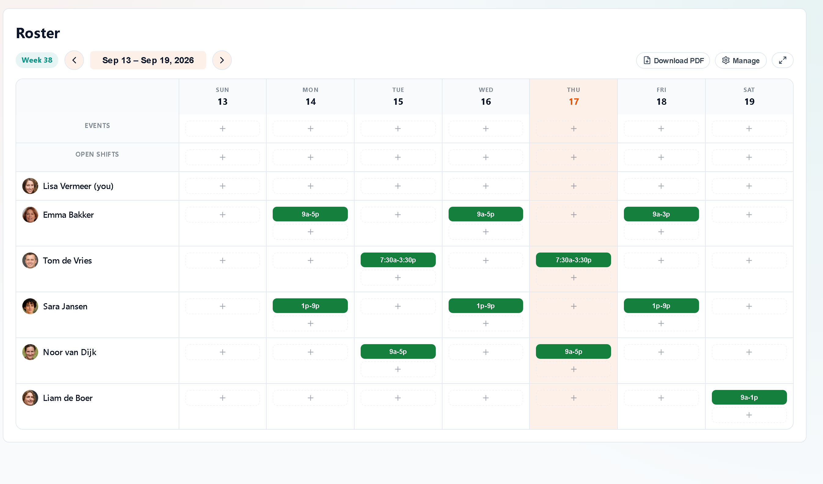 The Shiftline roster grid showing a full week of shifts for a small team